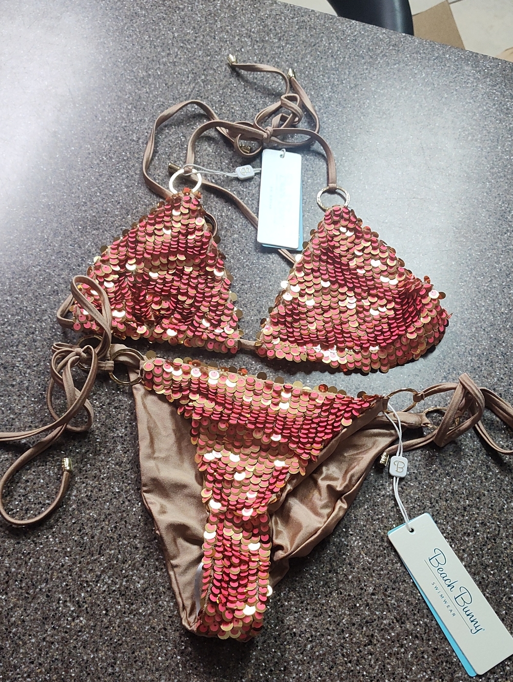 Beach Bunny Rose-Gold & Pink Sequin Triangle Bikini DD Top Xl Bottoms